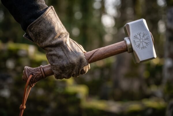 Gloved hand holding a forged hammer by its carved wooden handle, Vegvisir engraving on the steel head, mossy woods behind