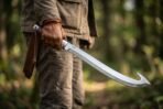 Gloved hand holding a hooked single edged blade with wooden grip and steel collar, leather scabbard at the belt