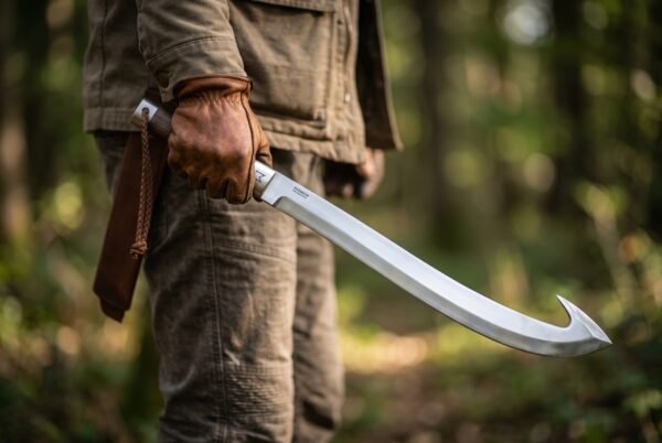 Gloved hand holding a hooked single edged blade with wooden grip and steel collar, leather scabbard at the belt