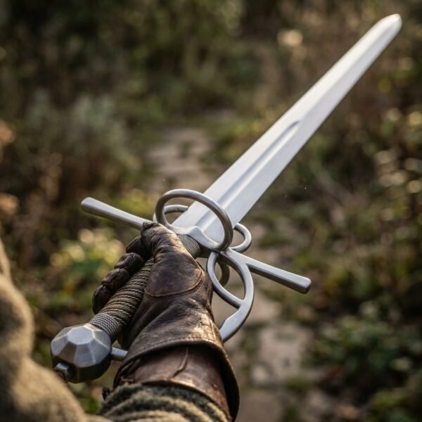 Gloved hand holding a steel sidesword trainer with side rings and two colour wire grip outdoors by a hedge
