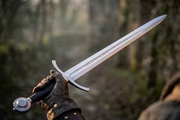 Gloved hand holding up a steel arming sword with rune cut fuller and curved crossguard in a misty forest
