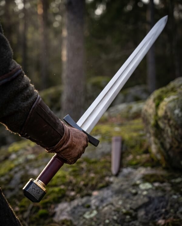 Gloved hand holding a Viking arming sword with blackened guard and pommel aloft in a pine forest
