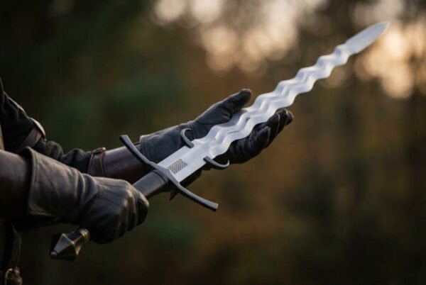 Gloved hands presenting a steel flamberge sword with wavy blade and blackened parrying hooks against a dark forest