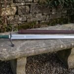 Cloverhilt Hand Forged Polished Steel Arming Sword with Green Leather Grip | Quatrefoil Blackened Guard and Triple Fullers | Brown Leather Scabbard | Medieval Collector Gift | RK-2079