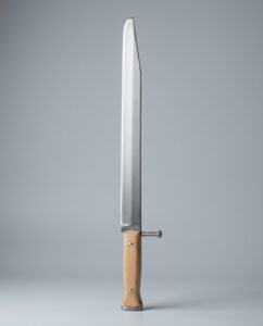 Grosses messer trainer with a side nagel and no crossguard, two brass rivets through pale wood scales and a blunted clipped point, laid on a plain grey studio backdrop