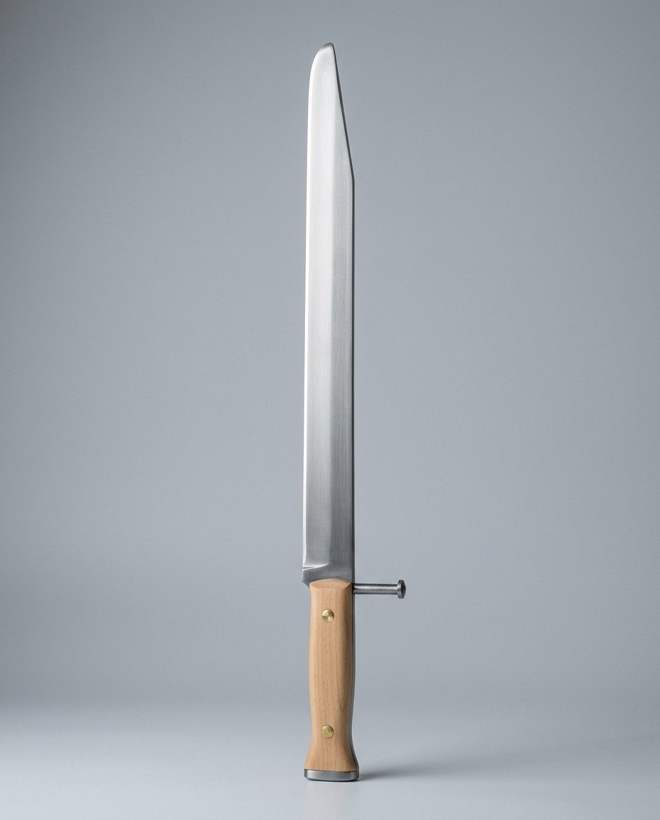 Skarnvald grosses messer trainer with side nagel Grosses messer trainer with a side nagel and no crossguard, two brass rivets through pale wood scales and a blunted clipped point, laid on a plain grey studio backdrop