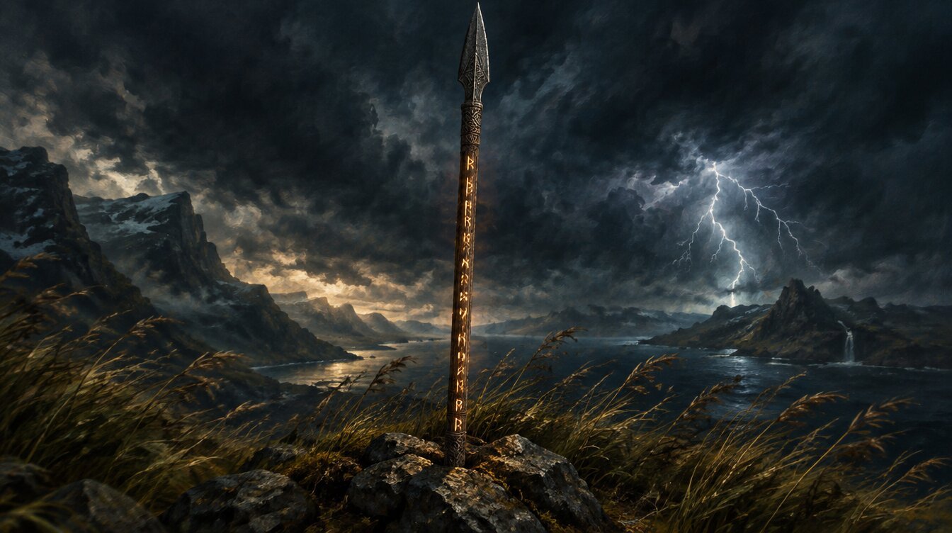 Gungnir the rune carved spear of Odin planted in rocky ground against a stormy sky