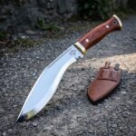 Greyfang Hand Forged Gurkha Kukri Knife with Rosewood Scales & Etched Wolf Head | About 16 Inches Overall | Brass Fittings and Leather Sheath Holding Two Companion Knives | Camp Gift | RK-2202