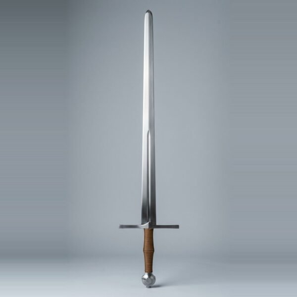 Hand and a half blunt training sword with a broad double edged fullered blade, faceted globe pommel and tan cord wrapped grip against a plain studio backdrop