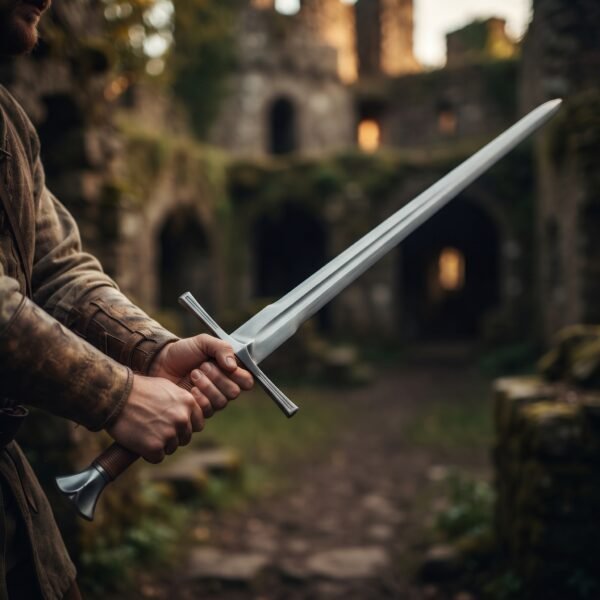 Hand and a half longsword held in both hands in an overgrown castle ruin, blade angled forward and up