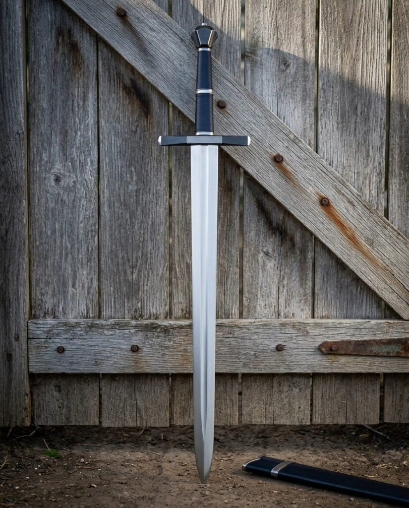 Hand and a half longsword with a faceted scent stopper pommel, a navy leather grip and a broad polished blade, leaning against a weathered timber barn door