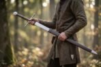 Hand and a half sword with brown leather grip and wheel pommel held with its brown belt scabbard in a sunny forest