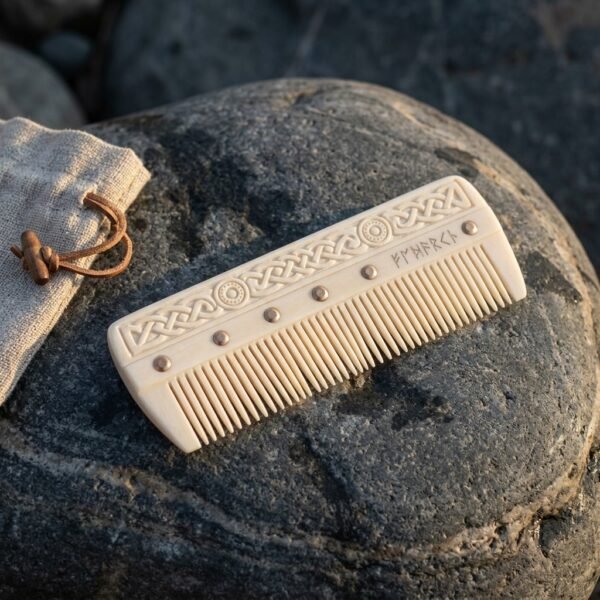 Hand carved bone viking beard comb with Celtic knotwork spine, bronze rivets and Elder Futhark runes resting on a grey boulder beside its linen drawstring pouch