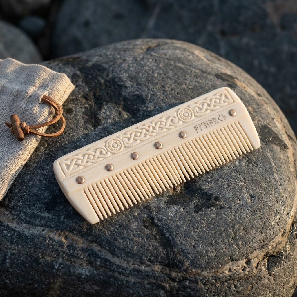 Hand carved bone viking beard comb with Celtic knotwork spine, bronze rivets and Elder Futhark runes resting on a grey boulder beside its linen drawstring pouch