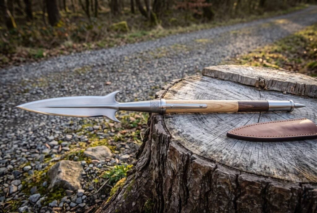 Hand forged 1095 boar spear with hooked lugs and a mirror polished head lying on a cut tree stump beside a brown leather sheath on a woodland track