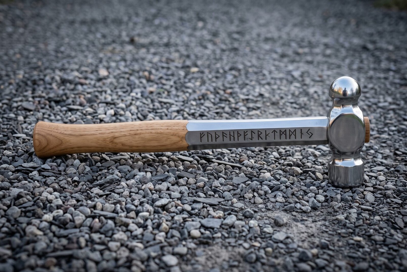 Hand forged 1095 steel blacksmith hammer with mirror polished ball pein head, Elder Futhark runes on the shank and an as Hand forged 1095 steel blacksmith hammer with mirror polished ball pein head, Elder Futhark runes on the shank and an ash grip resting on grey gravel