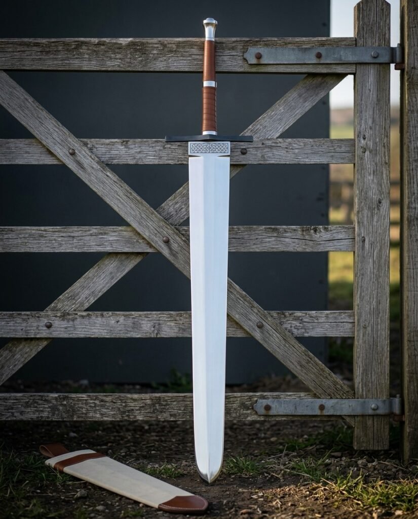 Hand forged 1095 steel broad blade arming sword with a stacked leather grip and blackened crossguard standing upright against a weathered timber field gate