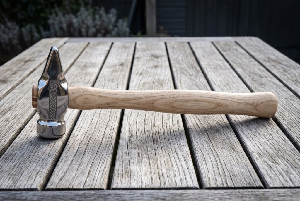 Hand forged 1095 steel cross pein hammer with a mirror polished head, engraved knotwork cheek and shaped hickory handle lying on a weathered wooden table