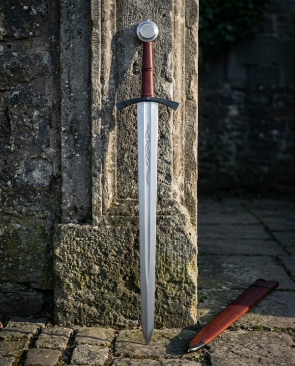 Hand forged 1095 steel serpent line Viking sword with an engraved disc pommel and russet leather grip standing against a weathered stone doorway beside its leather scabbard
