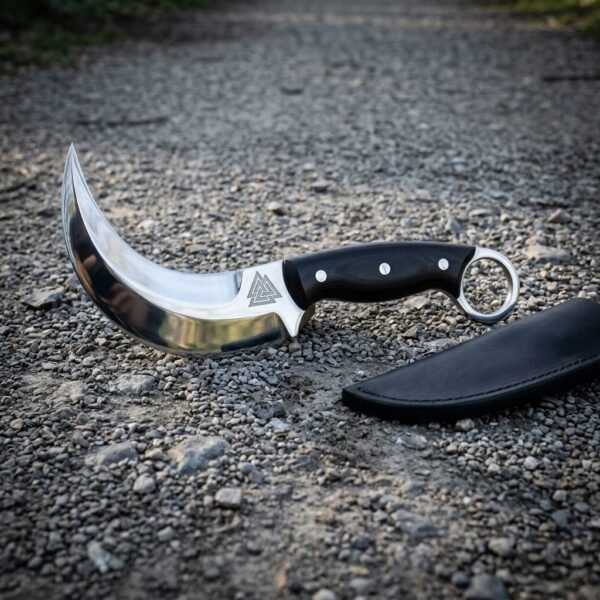 Hand forged 1095 steel valknut karambit knife with black micarta scales and a steel finger ring lying on grey gravel beside a black leather sheath