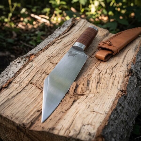 Hand forged 1095 steel Viking seax knife with stacked leather handle lying on a split log beside its tan leather sheath