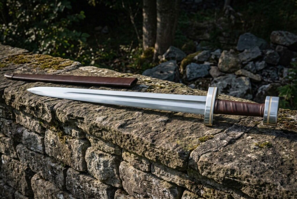 Hand forged 1095 steel viking sword with a wheel pommel, twisted brass wire and brown leather grip lying on a mossy dry stone wall in woodland