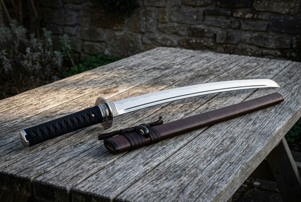Hand forged 1095 steel wakizashi short sword with a black ribbed grip and a brown leather saya resting on a weathered garden table in evening light