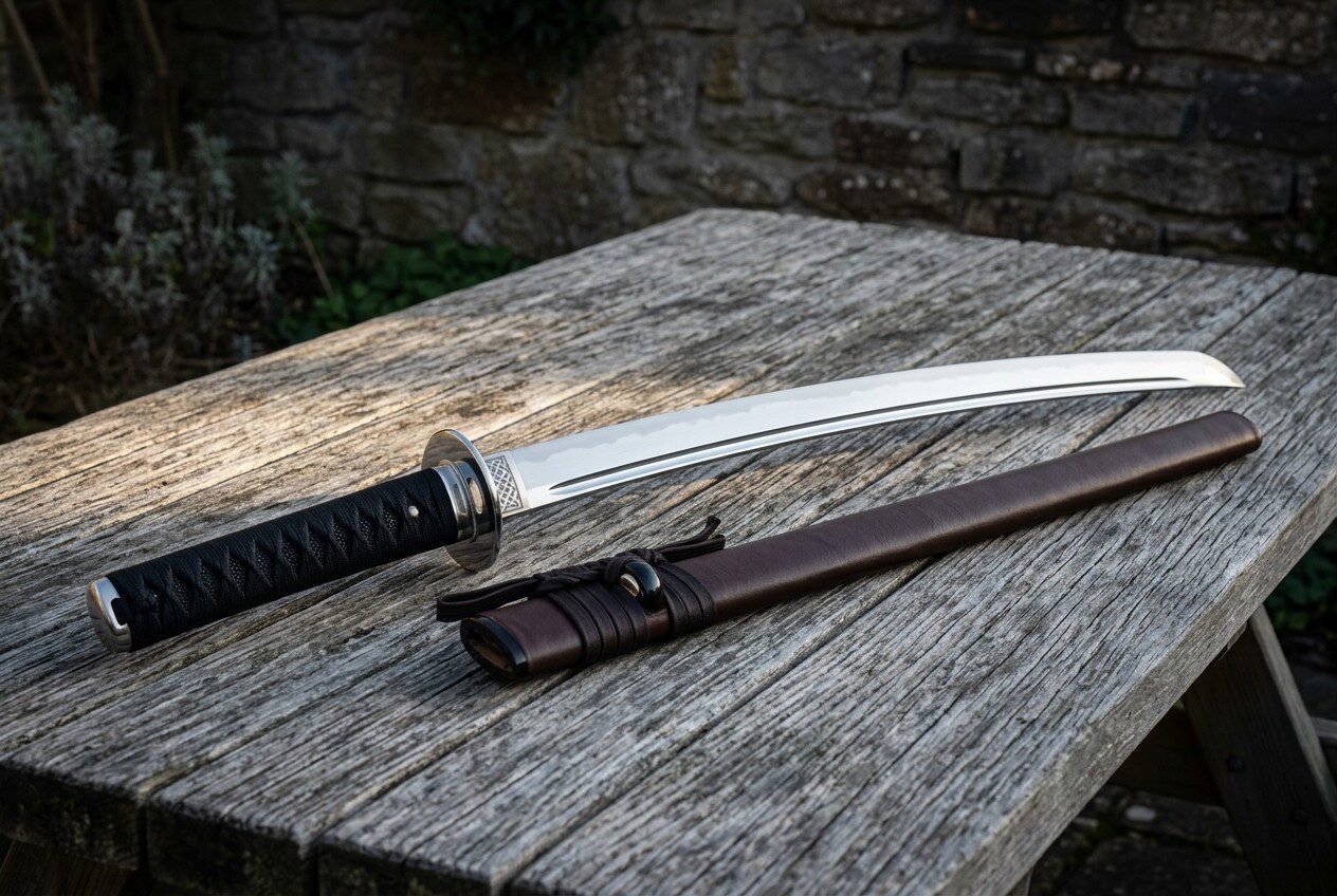 Hand forged 1095 steel wakizashi short sword with a black ribbed grip and a brown leather saya resting on a weathered ga Hand forged 1095 steel wakizashi short sword with a black ribbed grip and a brown leather saya resting on a weathered garden table in evening light