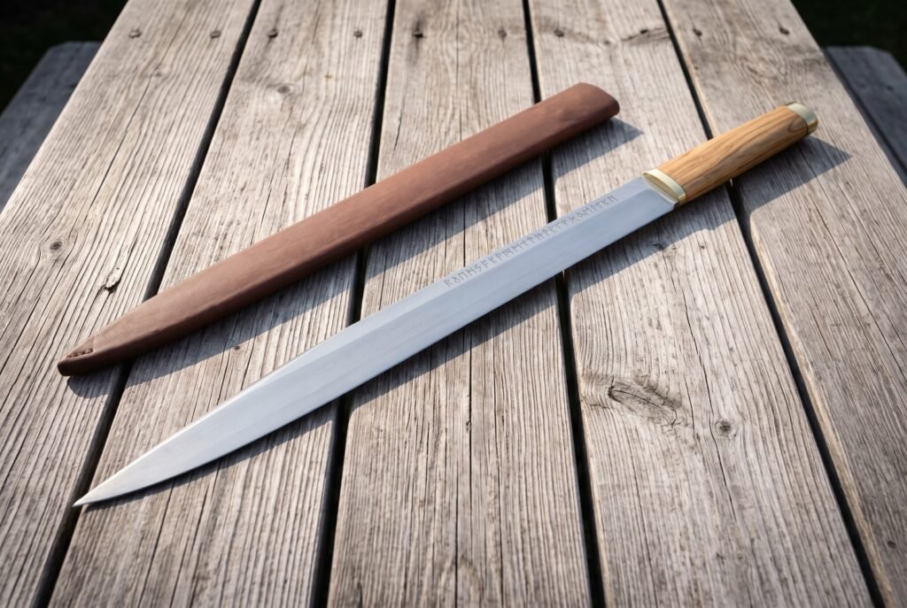 Hand forged 1095 Viking seax with a long single edged blade and Elder Futhark runes lying on a weathered picnic table beside its tan leather sheath