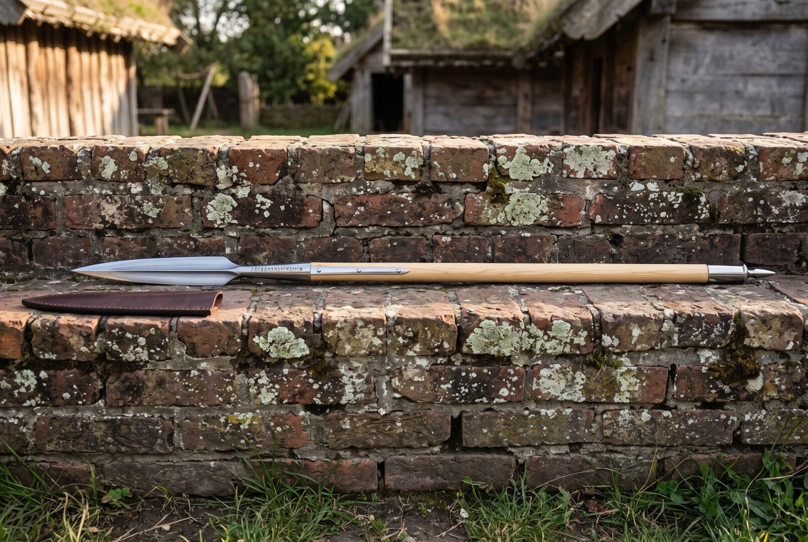 Hand forged 1095 Viking spear with a leaf shaped head and rune engraved socket resting on a lichen covered brick wall in Hand forged 1095 Viking spear with a leaf shaped head and rune engraved socket resting on a lichen covered brick wall in front of a turf roofed longhouse
