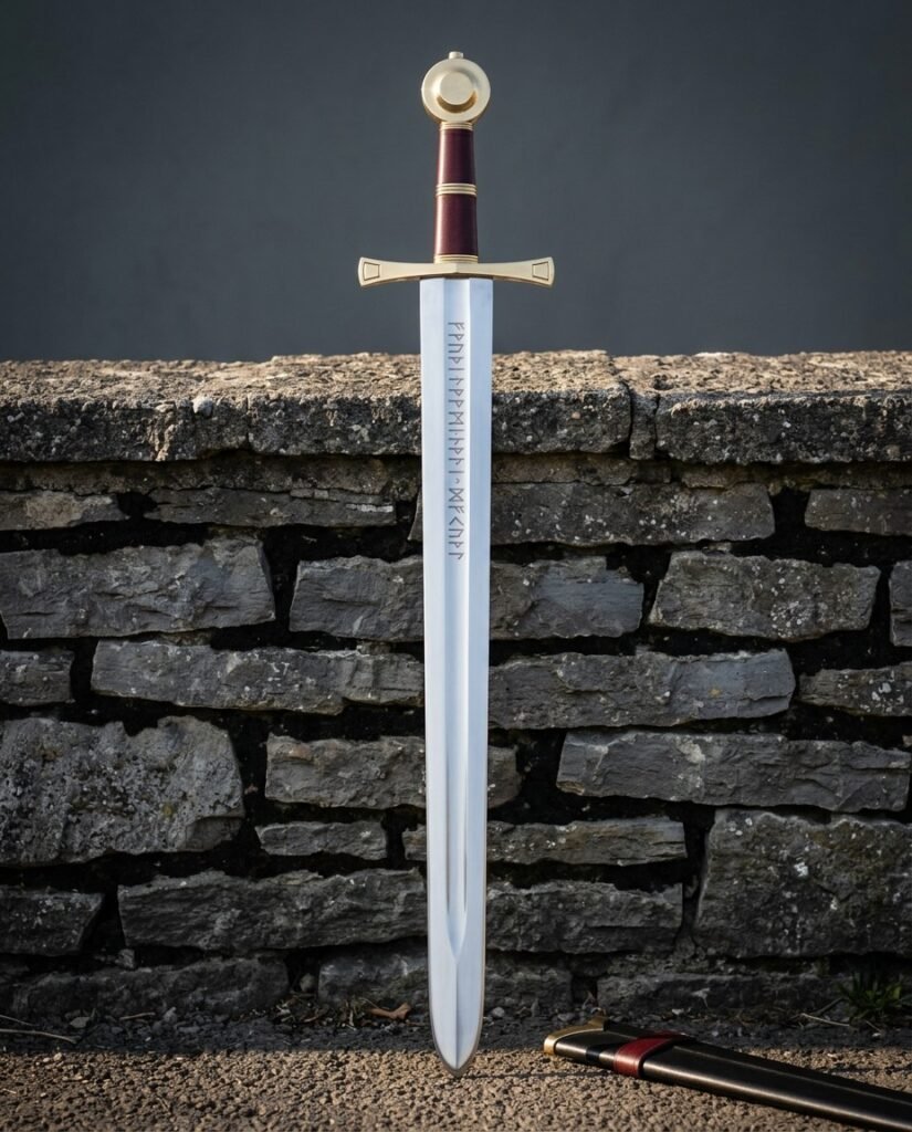 Hand forged arming sword with a brass wheel pommel and oxblood leather grip standing point down against a dry stone wall beside its red and black scabbard