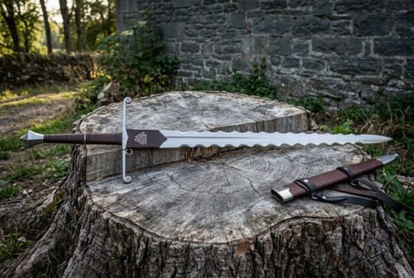 Hand forged arming sword with a flame bladed edge, scrolled crossguard and Valknut stamped leather rain guard lying on a tree stump beside its brown leather scabbard