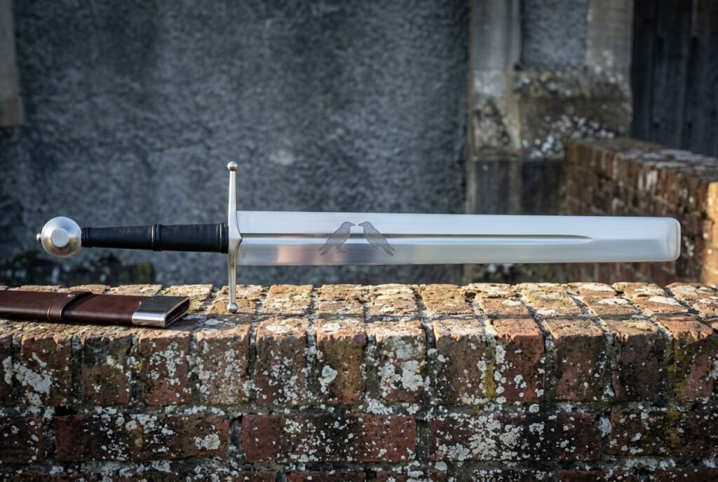 Hand forged arming sword with a polished blade etched with twin ravens, black leather grip and steel wheel pommel, lying on a brick ledge beside its brown leather scabbard.