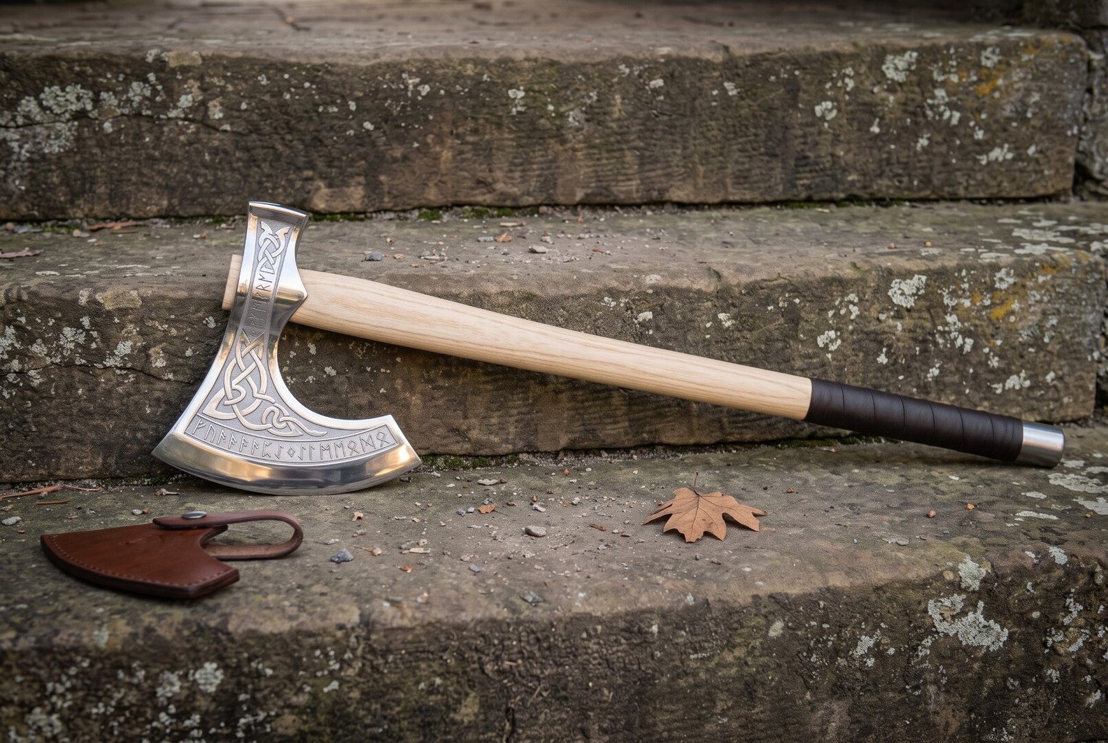 Hand forged bearded axe in bright 1095 steel with etched knotwork and rune band, pale ash haft and leather grip, lying o Hand forged bearded axe in bright 1095 steel with etched knotwork and rune band, pale ash haft and leather grip, lying on weathered stone steps beside its sheath