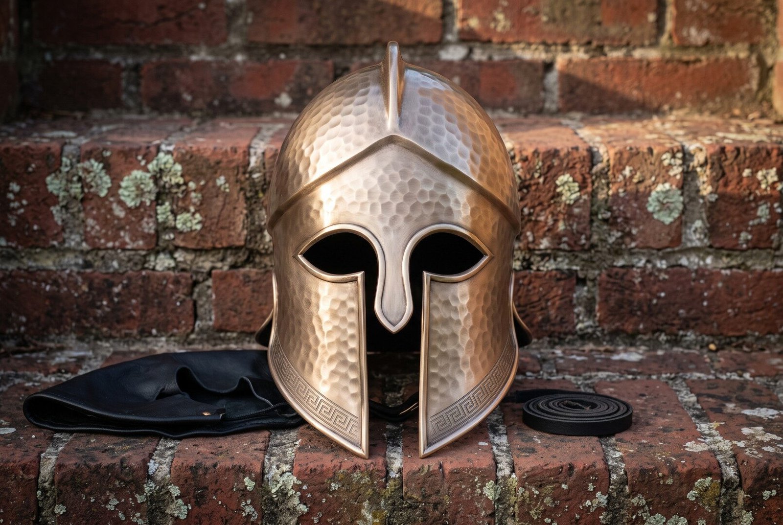 Hand forged bronze toned Greek helmet in the Corinthian style, hammered crown and engraved Greek key border, photographe Hand forged bronze toned Greek helmet in the Corinthian style, hammered crown and engraved Greek key border, photographed on weathered red brick steps in daylight.