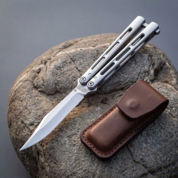 Hand forged butterfly knife with skeletonised steel handles fully open on a rounded rock beside its leather belt pouch