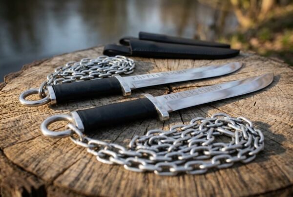 Hand forged chain knife pair with leather grips and ring pommels on a tree stump, steel chains looped beside them