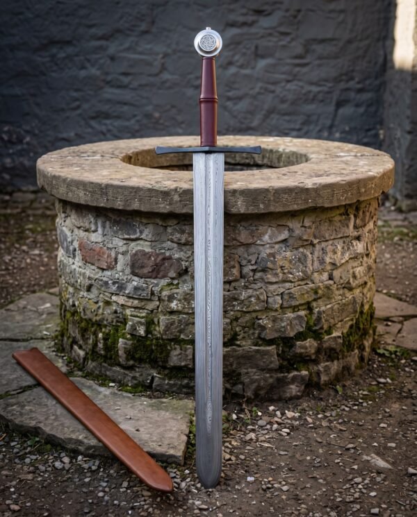 Hand forged damascus arming sword standing at an old stone well, layered blade below a blued crossguard, banded burgundy grip and a Celtic knot wheel pommel