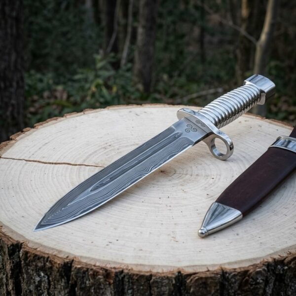Hand forged damascus bayonet knife with a fluted polished steel grip, ring guard and triskele engraving lying on a pale wood stump beside its brown leather sheath