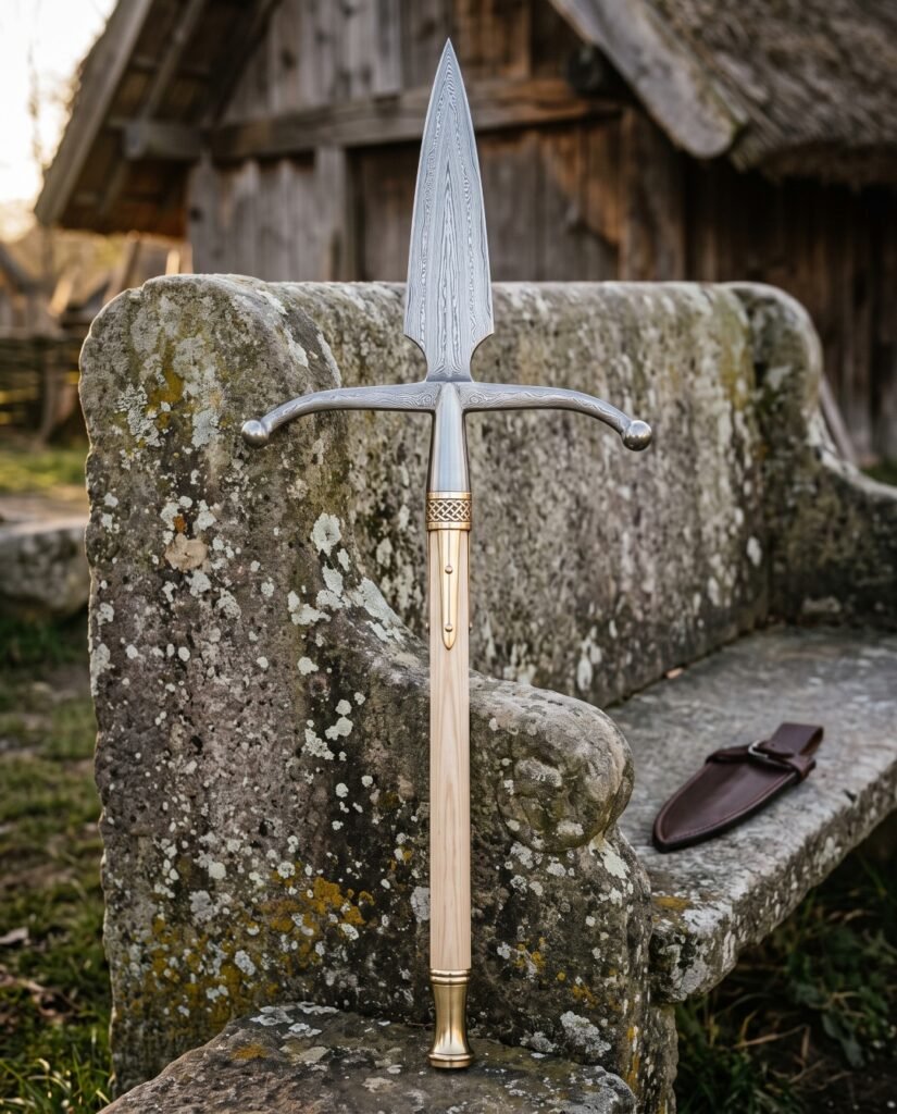 Hand forged damascus boar spear with a broad leaf blade, swept steel crossbar wings, brass knotwork ferrule and ash haft standing against a stone bench outside a timber longhouse