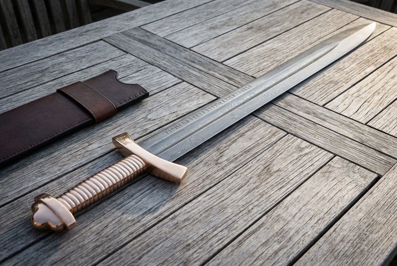 Hand forged Damascus bone handle Viking sword with brass lobed pommel and ribbed grip lying beside a brown leather scabb Hand forged Damascus bone handle Viking sword with brass lobed pommel and ribbed grip lying beside a brown leather scabbard on weathered grey decking boards