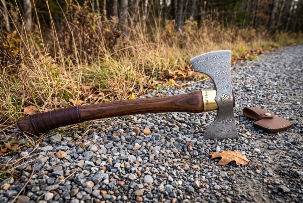 Hand forged damascus double bit axe with a walnut haft, brass collar and leather sheath resting on a gravel forest track in autumn light
