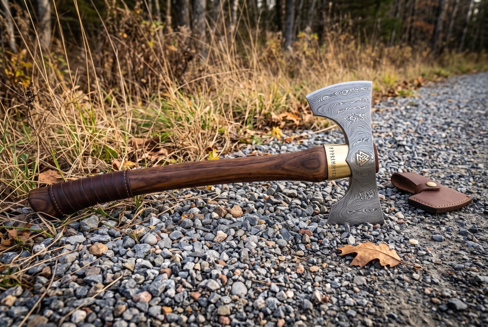 Hand forged damascus double bit axe with a walnut haft, brass collar and leather sheath resting on a gravel forest track Hand forged damascus double bit axe with a walnut haft, brass collar and leather sheath resting on a gravel forest track in autumn light