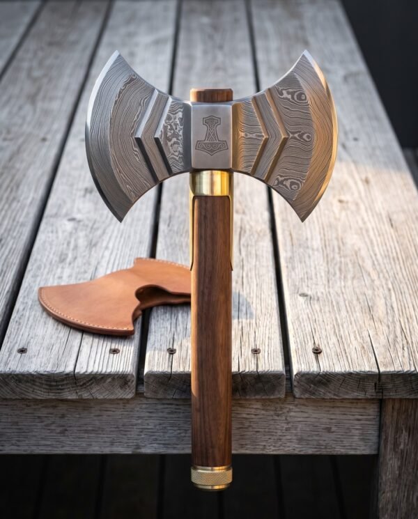 Hand forged Damascus double headed axe with layered twin crescent bits, an engraved Mjolnir cheek, walnut haft and brass collar standing on a weathered wooden deck