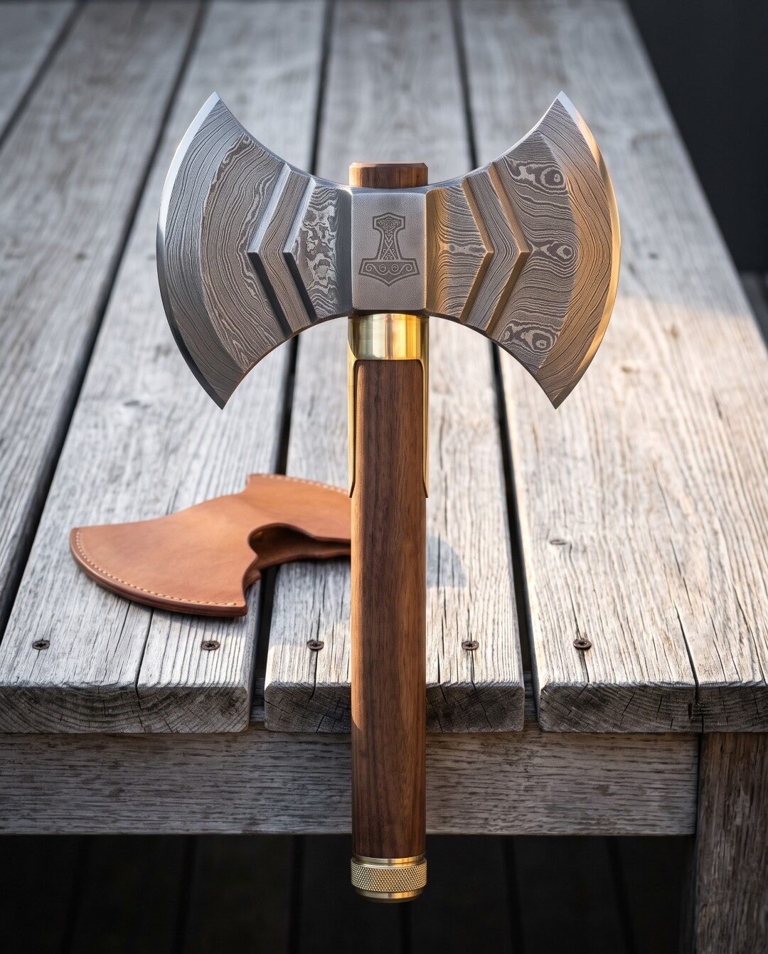 Hand forged Damascus double headed axe with layered twin crescent bits, an engraved Mjolnir cheek, walnut haft and brass Hand forged Damascus double headed axe with layered twin crescent bits, an engraved Mjolnir cheek, walnut haft and brass collar standing on a weathered wooden deck