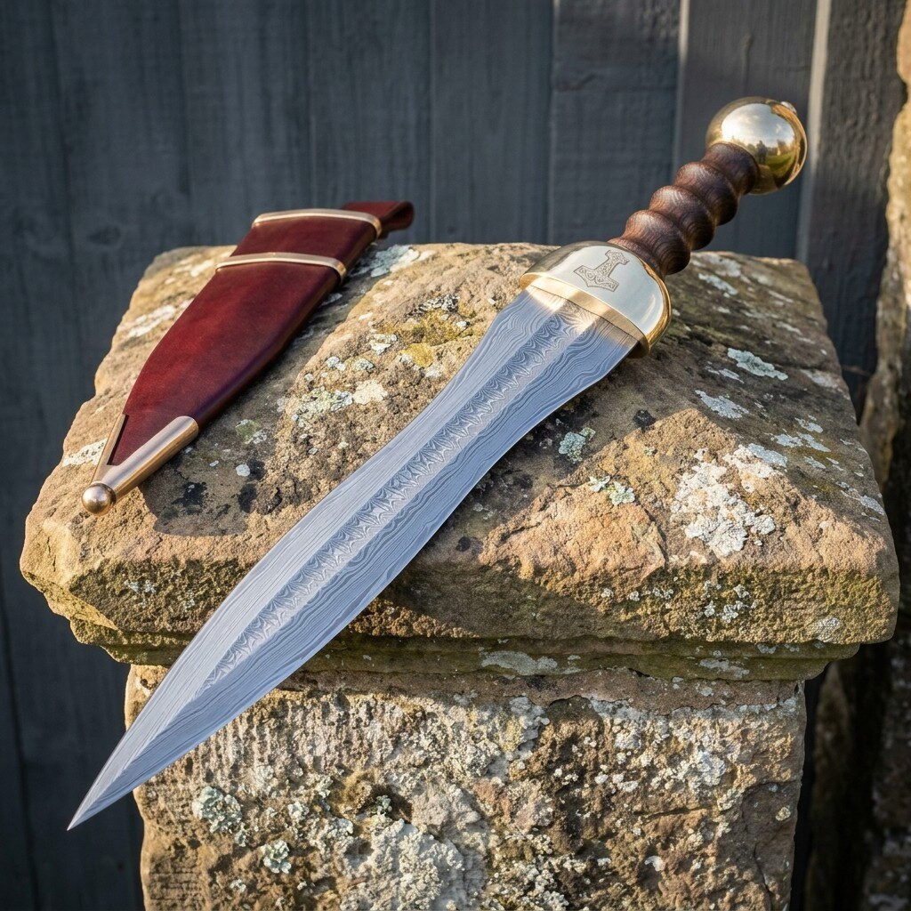 Hand forged damascus gladius short sword with brass guard and turned hardwood grip resting on weathered stone beside its oxblood leather scabbard with brass mounts