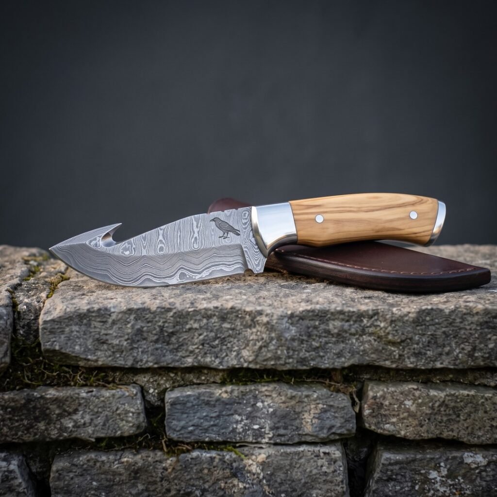 Hand forged Damascus gut hook knife with olive wood handle, engraved raven and brown leather sheath resting on a mossy limestone wall