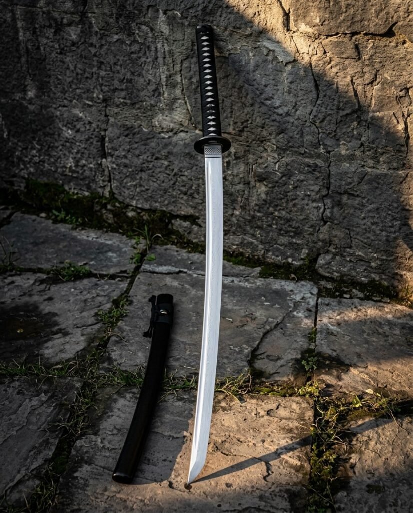 Hand forged damascus katana with a folded 1095 and 15N20 blade in flowing waves, oval iron tsuba and black cord wrapped handle standing on sunlit flagstones beside its black saya