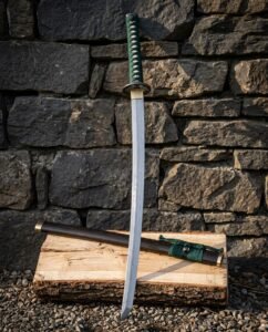 Hand forged damascus katana with green silk ito wrap, brass tsuba and hardwood saya leaning against a dry stone wall above a split oak log