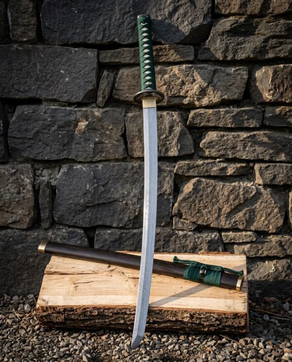 Hand forged damascus katana with green silk ito wrap, brass tsuba and hardwood saya leaning against a dry stone wall above a split oak log